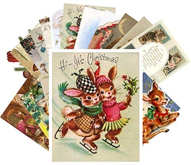 PIXILUV Vintage Christmas Greeting Cards 24pcs Cute Animals Preparing for Christmas Reprint Postcard Set Puppy Kittens