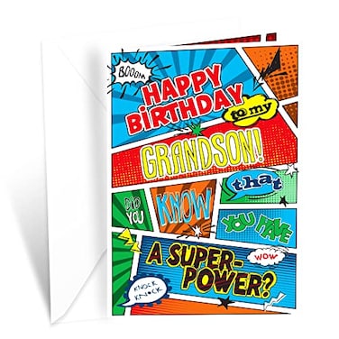 Prime Greetings Birthday Card For Grandson Made in America EcoFriendly Thick Card Stock with Premium Envelope 5in x 775in Packaged in Protective Mailer Superhero