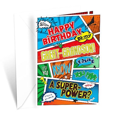 Prime Greetings Great Grandson Birthday Card Superhero Theme Made in America EcoFriendly Thick Card Stock with Premium Envelope 5in x 775in Packaged in Protective Mailer