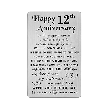 TANWIH 12 Year Anniversary Card Gifts for Her Wife Silk 12th Anniversary Card for Her Linen Engraved Metal Wallet Insert