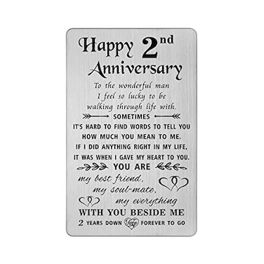 TANWIH 2 Year Anniversary Card Gifts for Men 2nd Anniversary Card for Him 2nd Year Wedding Gifts for Husband Engraved Metal Wallet Insert