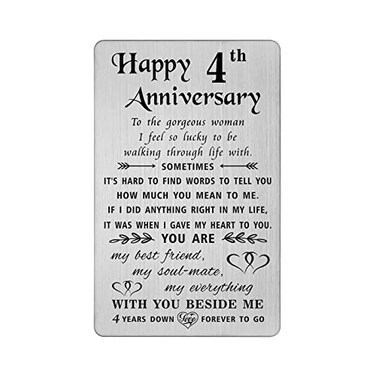 TANWIH 4 Year Anniversary Card Gifts for Her 4th Wedding Anniversary Card for Her Wife Engraved Metal Wallet Insert