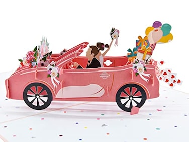 Teabug Cards Just Married Pink Cadillac Wedding Car with Bride and Groom Pop Up Card for Marriage Engagement Anniversary Valentines Day