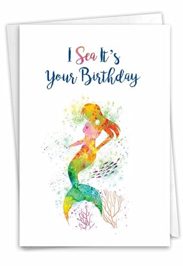 The Best Card Company 1 Fun Birthday Greeting Card Mythical Bday Notecard with Envelope Funky Rainbow Mermaids C6863GBDG