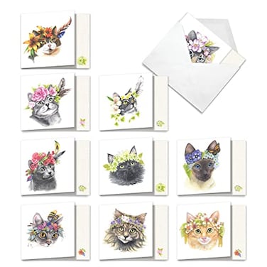 The Best Card Company 10 All Occasion Blank Cat Cards 4 x 512 Inch Cute Assorted Bulk Card Set Square Cats M4623OCBB1x10NB