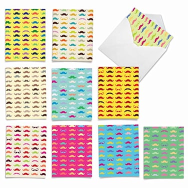 The Best Card Company 10 Blank Mustache Note Cards for Men Boys 4 x 512 Inch Cute Assorted Boxed Notecards Fun Child Cards Stache Notes M2002