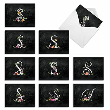 The Best Card Company 10 Initial Letter S Assorted Blank Notecards Floral Monogramed Personal Stationery wEnvelopes Bulk Box Set 4 x 512 Inch Thank You Notes S Chalk and Roses M3830OCBB1x10