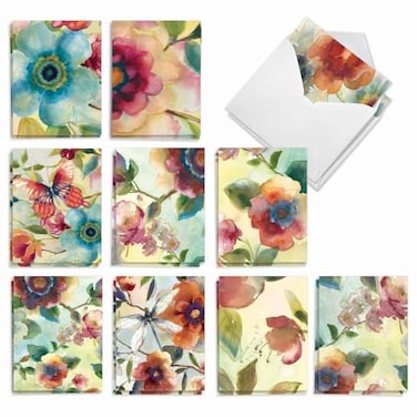 The Best Card Company 20 Assorted Blank Plant Cards Boxed 4 x 512 Inch 10 Designs 2 Each Watercolor Botanicals AM3314OCBB2x10