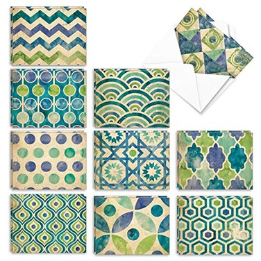 The Best Card Company 20 Blank Note Cards Boxed 4 x 512 Inch engaging Assorted Patterns 10 Designs 2 Each Watercolor Tiles AM6685OCBB2x10
