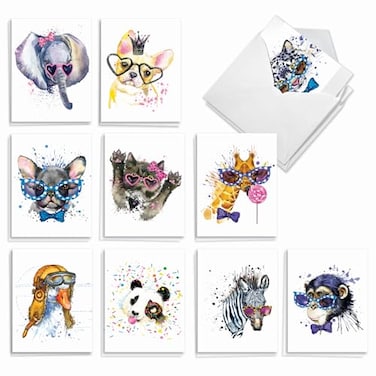 The Best Card Company 20 Bulk Animal Note Cards Blank 4 x 512 Inch engaging Assorted Notecards with Envelopes 10 Designs 2 Each Funky Colorful Creatures AM6749OCBB2x10