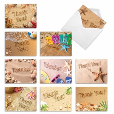 The Best Card Company 10 Assorted Thank You Note Cards Boxed Set 4 x 512 Inch with Envelopes 10 Designs 1 Each Beach Notes AM6113TYGB1x10