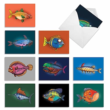 The Best Card Company 10 Assorted Thank You Notecards Bulk Box Set 4 x 512 Inch with Envelopes 10 Designs 1 Each Fishtoons M6491TYG