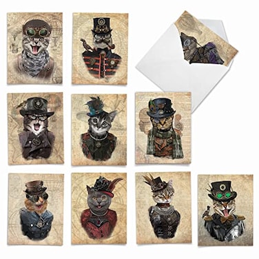 The Best Card Company 10 Assorted Thank You Notecards Bulk Box Set 4 x 512 Inch with Envelopes 10 Designs 1 Each Steampunk Cats M6554TYG