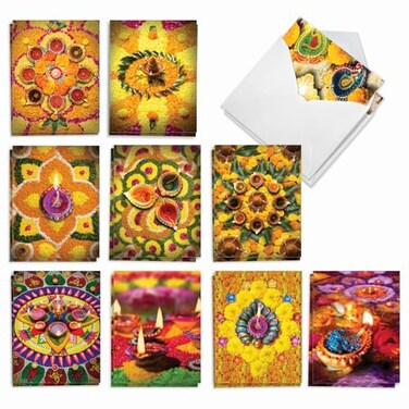 The Best Card Company 20 Assorted Diwali Notes Bulk Box Set 4 x 512 Inch with Envelopes 10 Designs 2 Each Diwali Wishes AM2816DWGB2x10