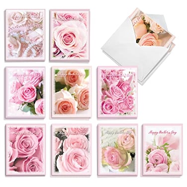 The Best Card Company 20 Assorted Floral Blank Mothers Day Notes Box Set 4 x 512 Inch with Envelopes 10 Designs 2 Each Romantic Sweet Pink Roses AM10311MDBB2x10