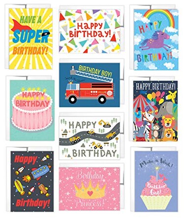 Tiny Expressions 10 Kids Birthday Cards with Inside Messages and Envelopes