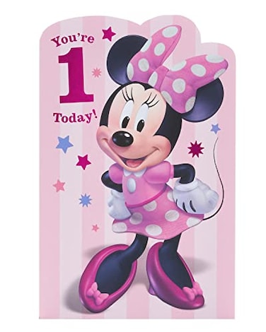UK Greetings Disney 1st Birthday Card For HerGirl With Envelope Pink Design With Minnie Mouse
