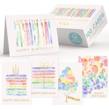 VNS Creations 100 Pack 4x6 Happy Birthday Cards Bulk with Envelopes Stickers Boxed Blank Inside Variety Office Party Assorted Birthday Greeting Note Cards Assortment Box for Kids Adults