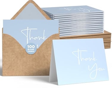 VNS Creations Thank You Cards With Envelopes Bulk Set Stickers 100 Pack 4x6 Blank Thank You Notes Bulk Box Set Large Note Card Small Business Wedding Baby Shower Bridal Shower Light Blue