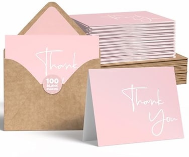 VNS Creations Thank You Cards With Envelopes Bulk Set Stickers 100 Pack 4x6 Blank Thank You Notes Bulk Box Set Large Note Card Small Business Wedding Baby Shower Bridal Shower Pink