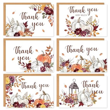 Whaline 36 Pack Fall Thank You Card Watercolor Floral Pumpkin Leaves Greeting Cards with Envelope Sticker Blank Note Cards for Autumn Thanksgiving Wedding 4 x 6 Inch