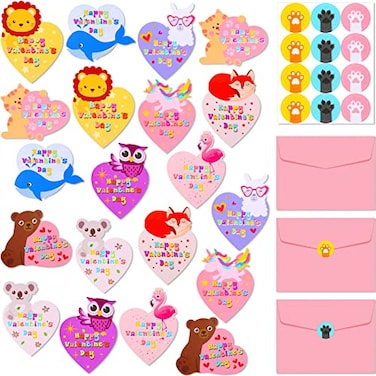 Yexiya 200 Pcs Mini Valentines Day Cards Assortment Bulk Classroom Exchange for Kids Greeting Animal Box Foldable Love Heart Greeting Cards with Envelopes and Stickers