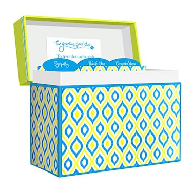 Designer Greetings Greeting Card Organizer Box with Dividers and Calendar Peacock Design Holds Up to 40 Greeting Cards 55 x 725 or Smaller