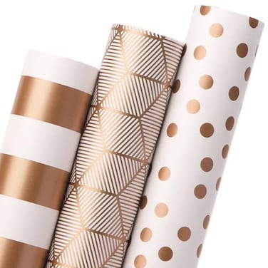 Ribbli Birthday Wrapping Paper Matte Gold and White Gift Wrapping Paper for Christmas 3 Rolls Polka Dots Stripes Geometry Mini Roll 17 inch x 120 inch10feet Per Roll