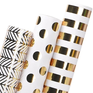 Ribbli Birthday Wrapping Paper White and Gold Gift Wrapping Paper for Christmas Mini Roll 3 Rolls Polka Dots Stripes Geometry Pattern with Gold Foil 17 inch x 120 inch10feet Per Roll