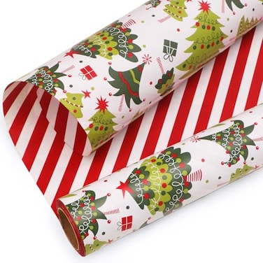 Ribbli Christmas Wrapping Paper Reversible Christmas Tree and Red White Stripe Gift Wrapping Paper17 Inch x 33 Feet Per roll