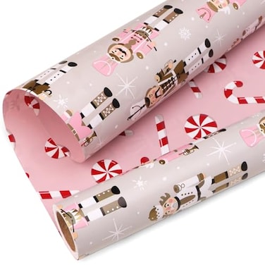 Ribbli Reversible Christmas Wrapping Paper Rolls Nutcracker and Candy Cane Pink Gift Wrapping Paper17 Inch x 33 Feet