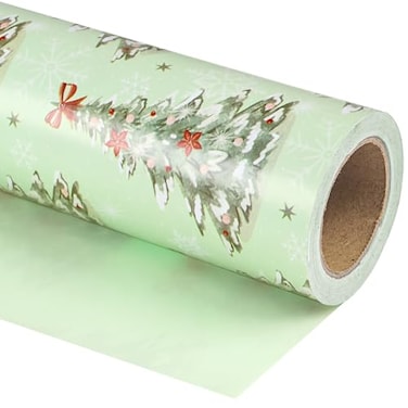 WRAPAHOLIC Reversible Christmas Wrapping Paper Mini Roll 17 Inch x 33 Feet Light Green Christmas Tree Wrapping Paper for Xmas Holiday Party Celebration