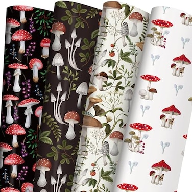 ZINTBIAL Mushroom Wrapping Paper for Kids Adults Black White Funny Plant Gift Packaging for Spring Easter Holiday 20 x 29 Inches 8 Folded Sheets Easy to Store