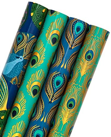 WRAPAHOLIC 30 Inch Peacock Christmas Wrapping Paper Roll Jumbo Roll Green Peacock Elements Patterns with Metallic Foil Shine 4 Rolls 30 Inch x 120 Inch Per Roll