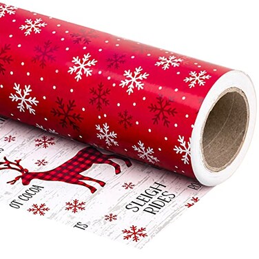 WRAPAHOLIC Reversible Christmas Wrapping Paper Roll Mini Roll 17 Inch x 33 Feet Red White Reindeer and Snowflake Wrapping Paper for Christmas Holiday Party