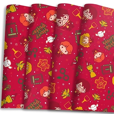 Silver Buffalo Harry Potter Chibi Christmas Wrapping Paper Featuring Harry Ron and Hermione 12 Sheets 20 x 30 Festive Holiday Gift Wrap by