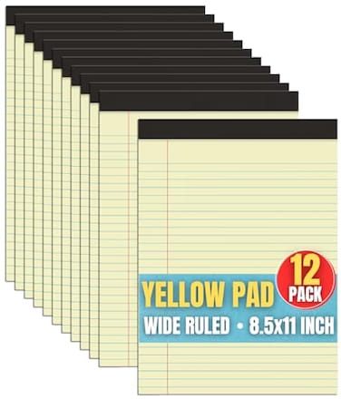 1InTheOffice Yellow Legal pads 85 x 11 Perforated Wide Ruled Writing Pads Yellow Legal Pads 50 Sheets per Notepads 12Pack