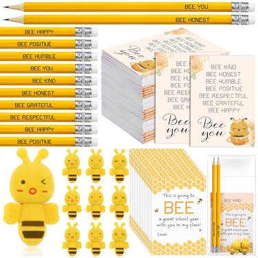 Fuyoooo 24 Sets Bee Party Favor Bulk Inspirational Notepads Pencil Mini Erasers Greeting Card Bee Themed Classroom Decor Party Supplies School Classics