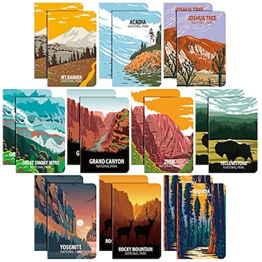 Sureio 20 Pack National Park Mini Notebook Pocket Adventure Notebook Memo Book Mountain Art Prints Small Notepad for Adventure Seekers Hikers Travellers 32 x 5 Inches10 Styles