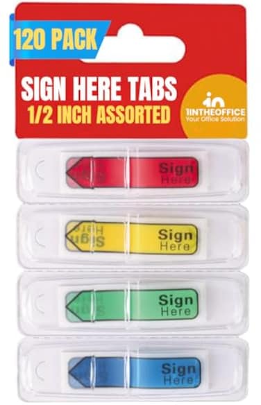 1InTheOffice Sign Here Tabs 12 Assorted Color Sign Here StickersFlags 120Pack