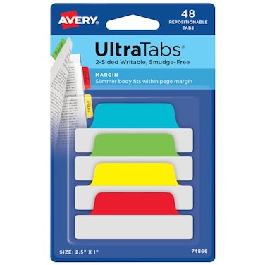 Avery Margin Ultra Tabs 25 x 1 2Side Writable Assorted Colors 48 Repositionable Page Tabs 74866