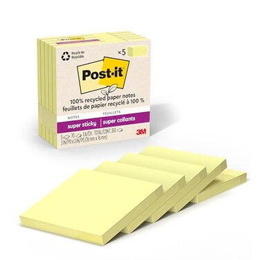 Post-it Postit 100 Recycled Paper Super Sticky Notes Canary Yellow 3 in x 3 in 5 Sticky Note Pads 70 Sheets per Pad School Supplies and Office Products