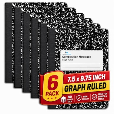 1InTheOffice Graph Paper Composition Notebook Quad Ruled Graph Notebook 80 Sheets 75 x 975 Inches Marble Cover Black 6 Pack