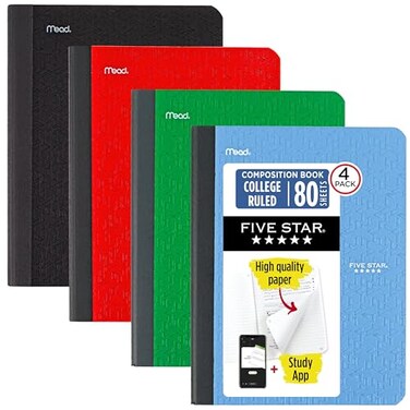 Five Star Composition Book Study App 4 Pack College Ruled Paper 712 x 934 80 Sheets Forest Green Pacific Blue Fire Red and Black 850065BECM