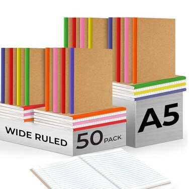Rosmonde 50 Pack A5 Kraft Journal Extra Pages 120 Pages 60 Sheets Long Lasting Wide Ruled 8 x 57 Kraft Notebook Bulk Journal Notebook A5 Bulk Composition Notebooks Bulk Notebook for School