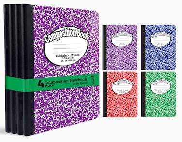 Better Office Products Composition Book Notebook Hardcover Wide Ruled 1132inch 100 Sheet One Subject 975 x 75 Assorted Covers Red Blue Green Purple4 Pack