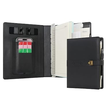 WASON A5 Journal Binder PU Leather Composition Notebook Ruled Spiral Diary Portfolio with Pen Refillable Paper Removable Clipboard Notepad for Business Travel School Planner Organizer Black