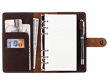 Fasjosma Leather Journal Refillable Writing Notebook A6 Personal Size 6 Ring Binder Spiral Notebook Handmade Genuine Leather Refillable Journal Binder Diary Pocket Binder Traveler NotebookBrown