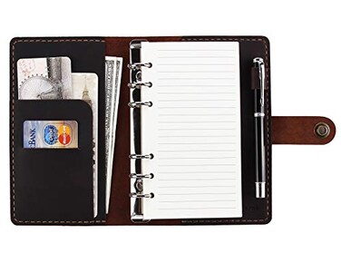 Fasjosma Leather Journal Refillable Writing Notebook A6 Personal Size 6 Ring Binder Spiral Notebook Handmade Genuine Leather Refillable Journal Binder Diary Pocket Binder Traveler NotebookCoffee