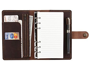 Fasjosma Leather Writing Journal Notebook Refillable A6 Personal Size Travelers Notebook with Pockets 6 Ring Binder Planner Notebook with Pen HolderBROWN